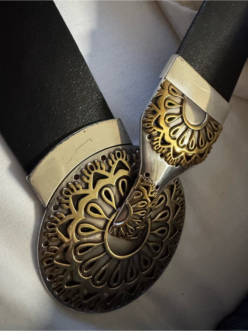 Chicos Statement   Leather Adjustable Belt with Decorative Boho Two Toned